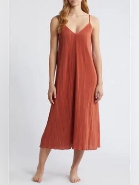 Open Edit Pleated Slip Midi Dress Redwood Rust NWOT Large